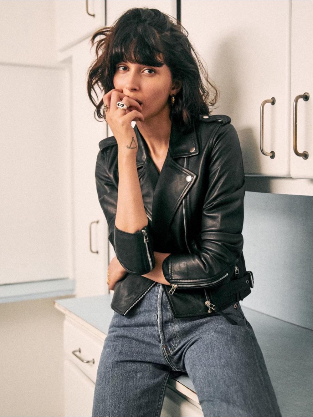 Sezane Veste Zig Leather Jacket in Cuir Noire Black